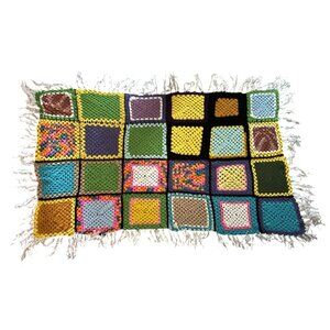 Handmade Crochet Granny Square Blanket 75x40 Multicolor Fringe Retro Throw